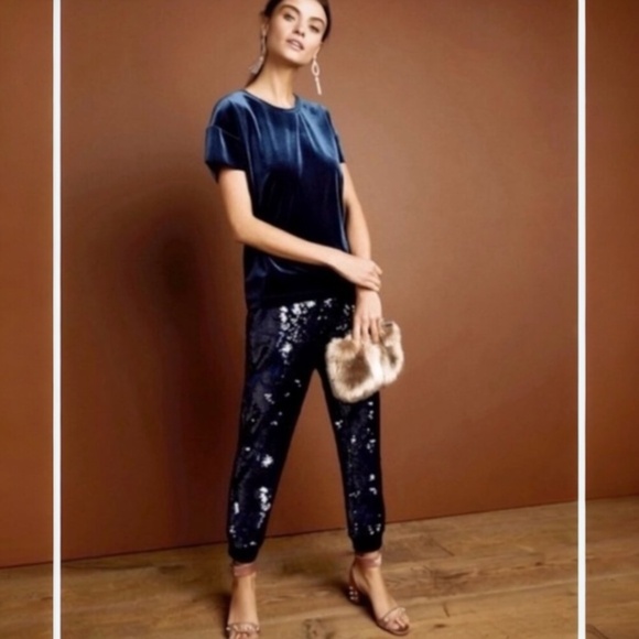 Like New! [ett:twa] Navy Blue Velvet X Sequin {Anthro} Stretch Jogger Pants | XL - Picture 7 of 14